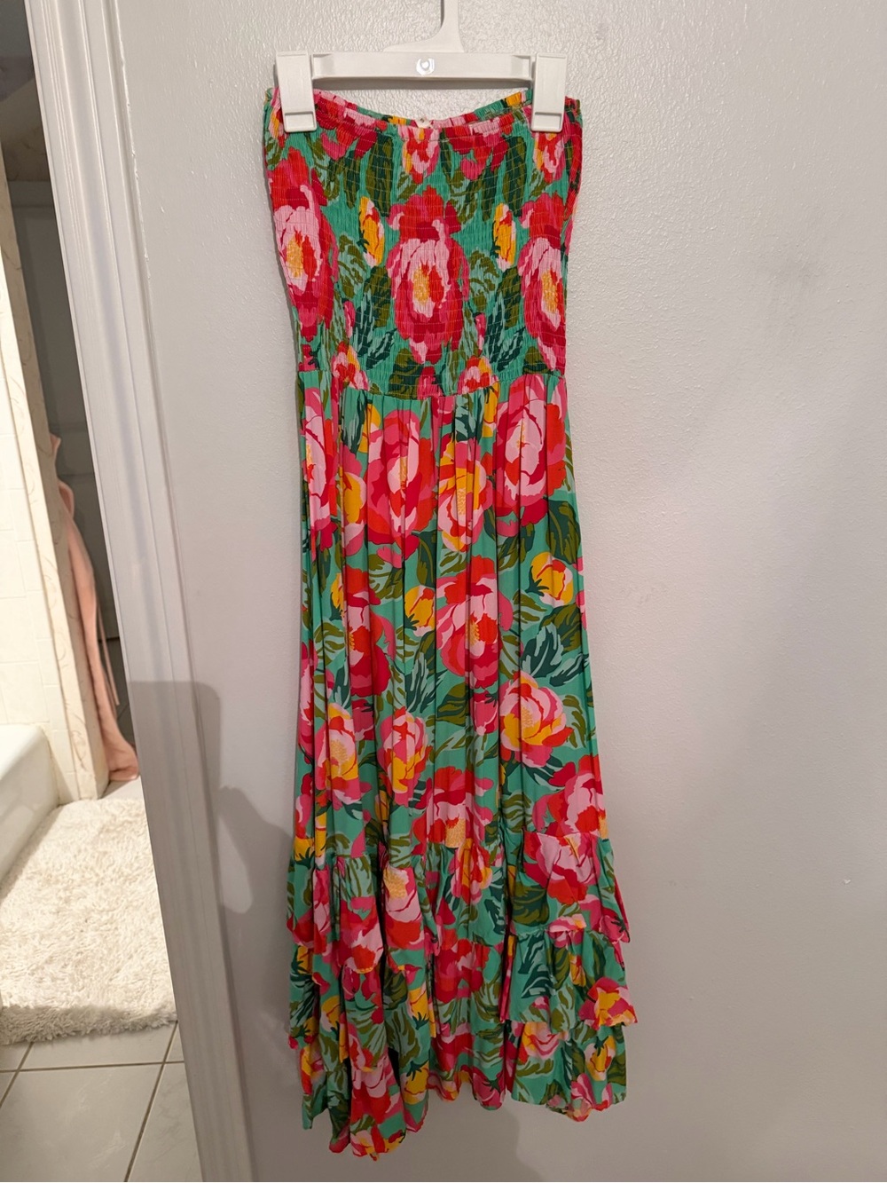 Floral Strapless Maxi Dress in Green and Pink - Picture 2 of 3